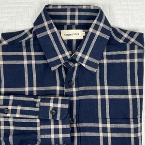 Taylor Stitch Organic Cotton Linen Plaid Shirt Men Sz 40 M Blue Cream